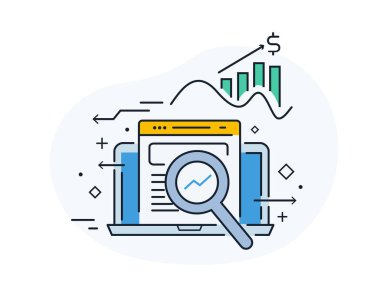 Hesap makinesi, veri, çalışma. SEO analizi. büyüme grafiği. Hisse senedi vektör çizim düz tasarım. Satır simge tasarlamak