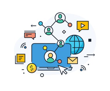 Sosyal medya video bloğu. Sanal iletişim akıllı telefonu. İşbirliği etkileşimi. Başarı, İşbirliği. satır simgesi illüstrasyonu