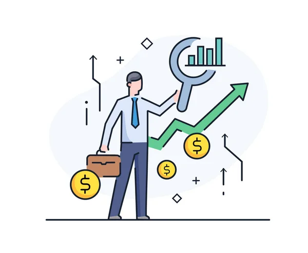 Businessman studies the market for making money. Line icon illustration. Success, rates — 스톡 벡터