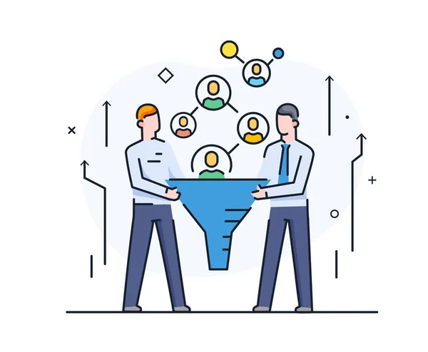 Zakenmensen op zoek naar geschikte klanten, filterpartners. Samenwerking. Succes, samenwerking. lijn pictogram illustratie — Stockvector