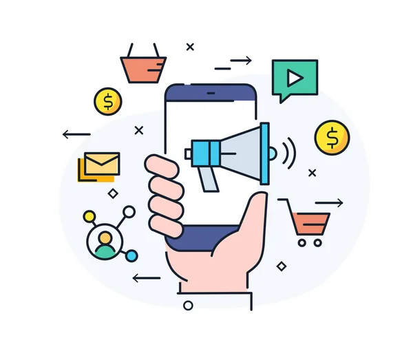 Mão detém telefone marketing de rede social. Smartphone de comunicação virtual. Interação de cooperação. Sucesso, Cooperação. ilustração ícone de linha —  Vetores de Stock