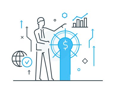 Dümen işadamının elinde. Çalışma akışı, büyüme, grafikler. İş geliştirme, kilometre taşları, başlangıç. doğrusal illüstrasyon Simgesi bilgi grafikleri. İniş sayfası baskı posteri. Satır hikayesi