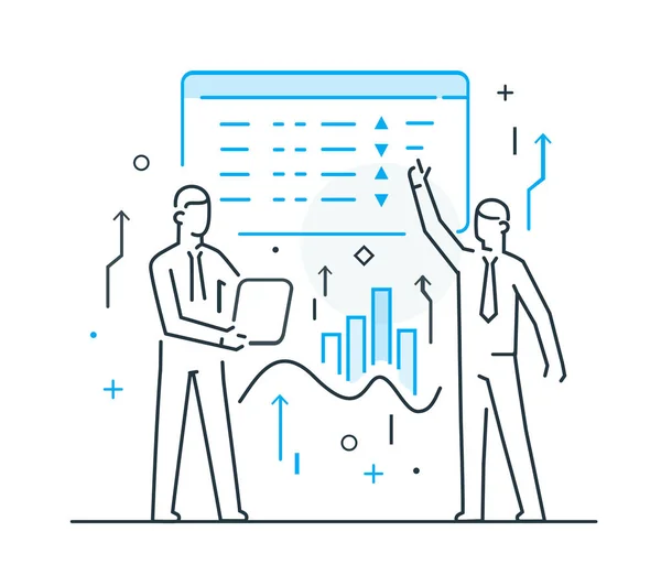 Os empresários controlam a interface dos monitores. Fluxo de trabalho, crescimento, gráficos. Desenvolvimento de negócios, marcos, start-up. ilustração linear Ícones infográficos. Cartaz de impressão de site de landing page. Linha —  Vetores de Stock