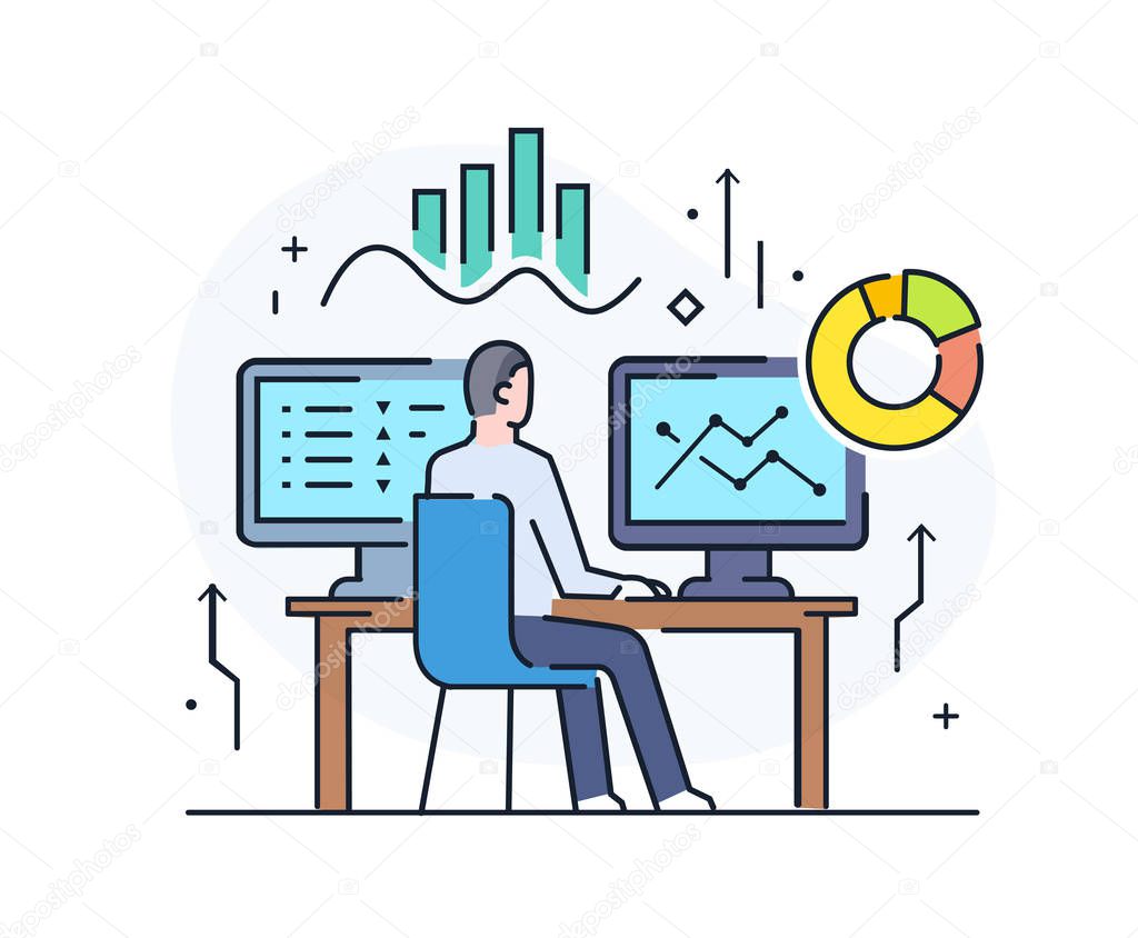 Businessman at workplace interface of monitor. Workflow, growth, graphics. Business development, milestones, start-up. linear illustration Icons infographics. Landing page site print poster. Line