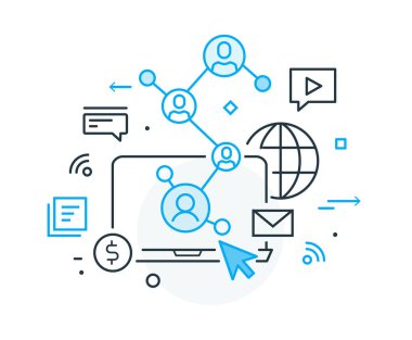 Sosyal medya video bloğu. Sanal iletişim akıllı telefonu. İşbirliği etkileşimi. Başarı, İşbirliği. satır simgesi illüstrasyonu