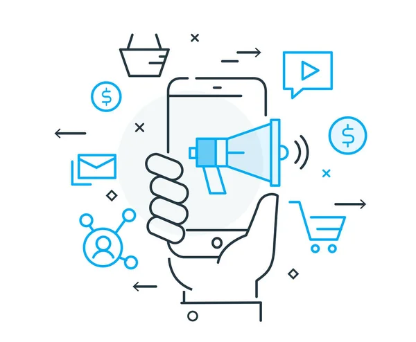 Hand holds phone social network marketing. Virtual communication smartphone. Cooperation interaction. Success, Cooperation. line icon illustration — 스톡 벡터