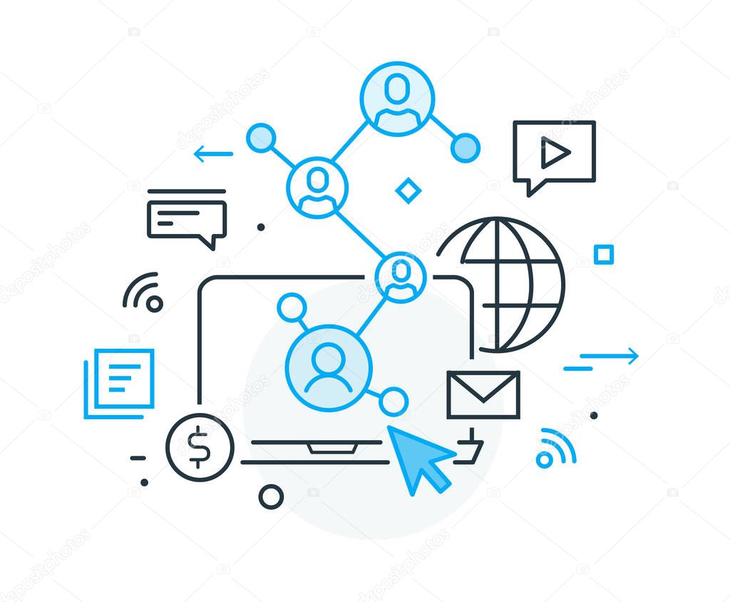 Social media vlog . Virtual communication smartphone. Cooperation interaction. Success, Cooperation. line icon illustration