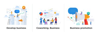 İş konsepti ile illüstrasyon seti. Çalışma akışı, büyüme, grafikler. İş geliştirme, kilometre taşları. Lilüstrasyon bilgi grafikleri. İniş sayfası baskı posteri