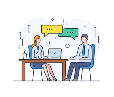 Kadın patron ortakları tartışır. Bir girişimde çalışmak, yatırım yapmak, kâr etmek. Başarı, İşbirliği. satır simgesi illüstrasyonu