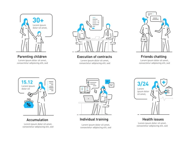 Femme fille divers problèmes de la vie et des affaires. Famille, relations, commodité, travail, maison. Infographie, ligne, publicité, bannière, vidéo — Image vectorielle