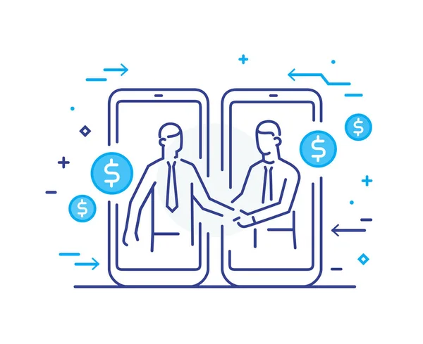 Affärsmän skakar hand med varandra. Virtuell kommunikation smartphone. Samarbete interaktion. Framgång, samarbete. rad ikon illustration — Stock vektor