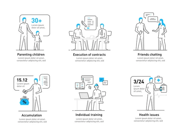 L'homme diverses questions et affaires de la vie. Famille, relations, commodité, travail, maison. Infographie, ligne, publicité, bannière, vidéo — Image vectorielle