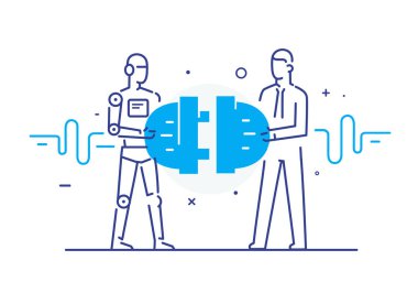 İş adamları ve robot bağlayıcılar. İşbirliği etkileşimi. Başarı, İşbirliği. satır simgesi illüstrasyonu