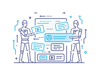 İşadamı organizatörü ve proje planlama robotunu ayarlar. Çalışma akışı, büyüme, grafikler. İş geliştirme, kilometre taşları, başlangıç. doğrusal illüstrasyon Simgesi bilgi grafikleri. İniş sayfası baskısı