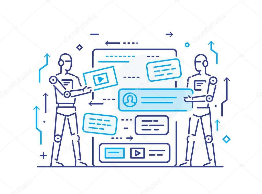 Businessman configures the organizer, project planning robot. Workflow, growth, graphics. Business development, milestones, start-up. linear illustration Icons infographics. Landing page site print