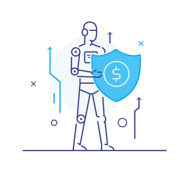 Robot kalkanı koruyor. Büyüme grafikleri Başarı, büyüme oranları. Satır simgesi illüstrasyonu