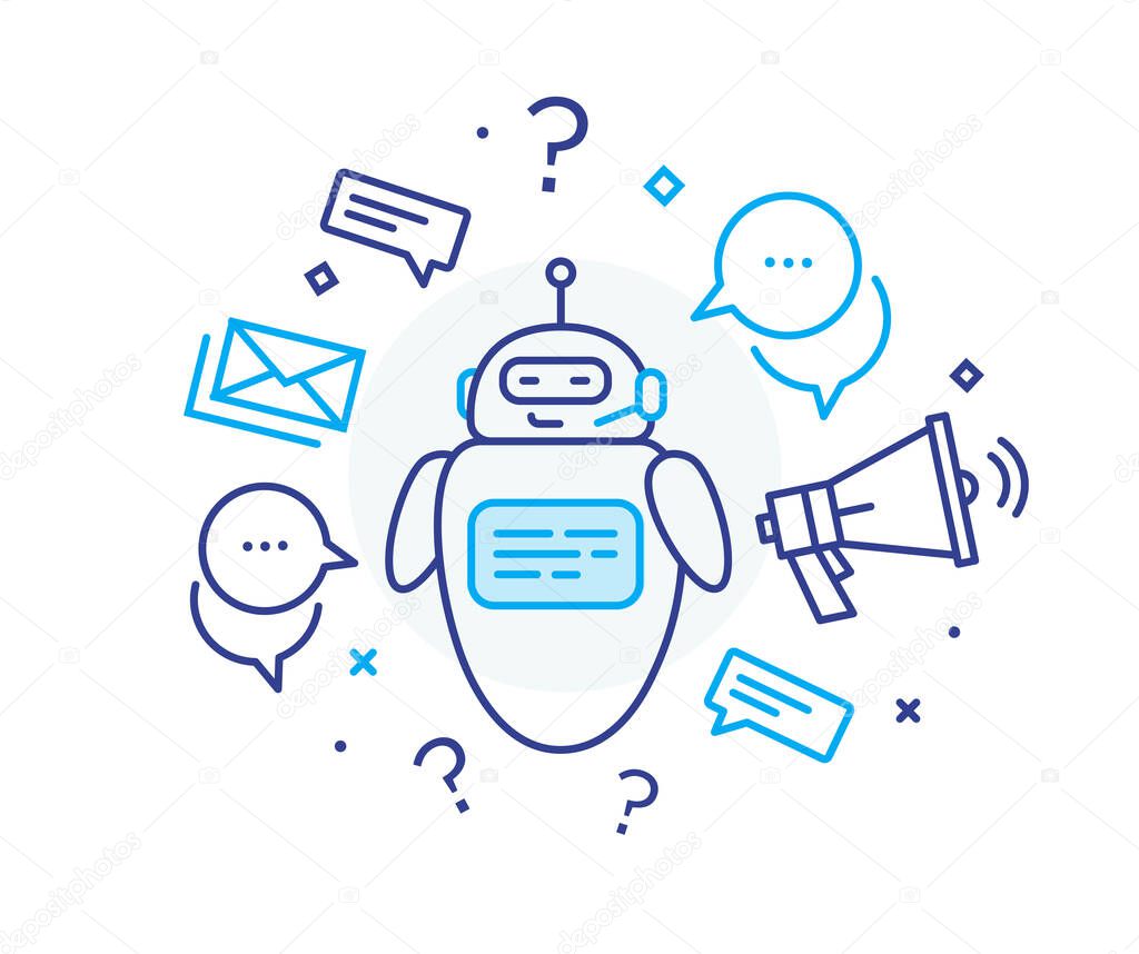 Social media post robot. Virtual communication smartphone. Cooperation interaction. Success, Cooperation. line icon illustration
