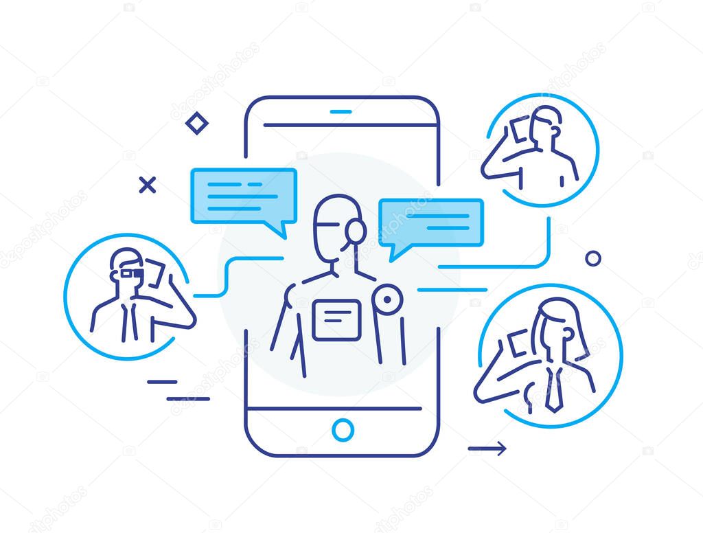 Robot Social media vlog . Virtual communication smartphone. Cooperation interaction. Success, Cooperation. line icon illustration