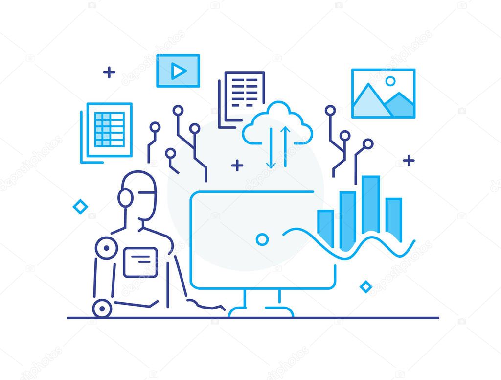Businessman at workplace interface of monitor. Workflow, growth, graphics. Business development, milestones, start-up. linear illustration Icons infographics. Landing page site print poster. Line