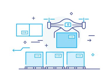 Quadrocopter nakliye malları, paket, kutular. Depo lojistiği. Satır simgesi illüstrasyonu