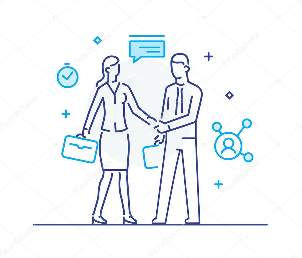 Businessmen shake hands with businesswoman. Virtual communication smartphone. Cooperation interaction. Success, Cooperation. line icon illustration