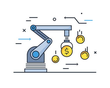 Üretim yönetimi uygulama kullanıcı arayüzü. Teknoloji, bağlantı, iş robotu, siber. doğrusal illüstrasyon Simgesi bilgi grafikleri. İniş sayfası baskı posteri. Satır hikayesi