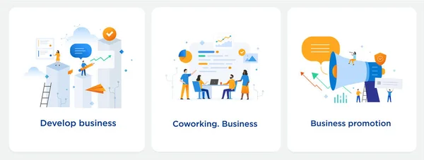Set van illustraties concept met business concept. Workflow, groei, grafieken. Bedrijfsontwikkeling, mijlpalen. lillustratie infographics. Landingspagina print poster — Stockvector