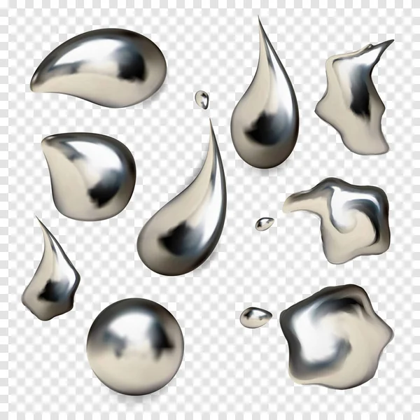 Set de gotas de metal cromado realista aislado sobre fondo blanco — Vector de stock