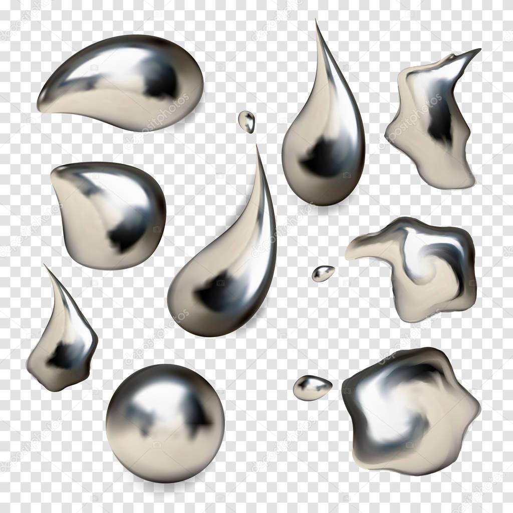 Chrome metal droplet set realistic isolated on white background