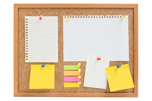 Isolated wooden board with paper and notes — Stock Photo, Image