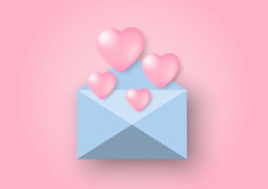 Kalp şeklinde balonlar, Sevgililer Günü için pembe arka planda mavi bir zarftan süzülüyorlar.