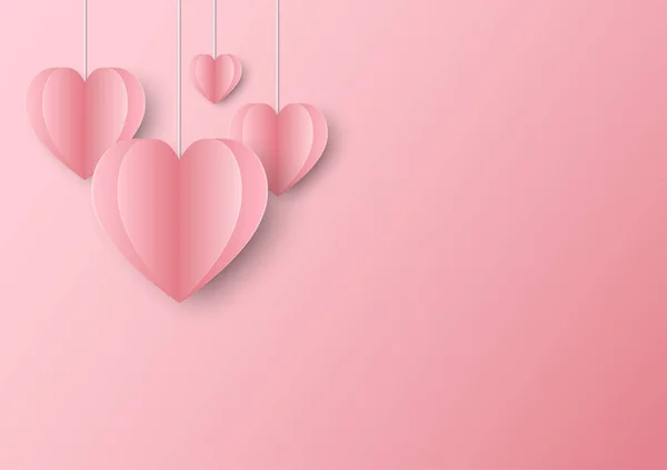Cute pastel paper hearts hang on top on pink background — Stock Vector