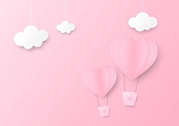 Rosa Papier herzförmigen Ballon schwebt in den Himmel mit drei cl — Stockvektor