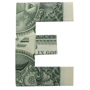 Para Origami Harfi E Karakteri Beyaz Arkaplanda İzole Edilmiş Gerçek Bir Dolarlık Fatura ile Katlandı
