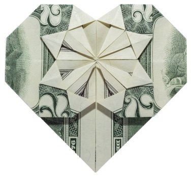 Para Origami 'nin Sevgililer Günü Kalbi, Beyaz Arkaplanda İzole Edilmiş Gerçek İki Dolar Faturasıyla Katlandı
