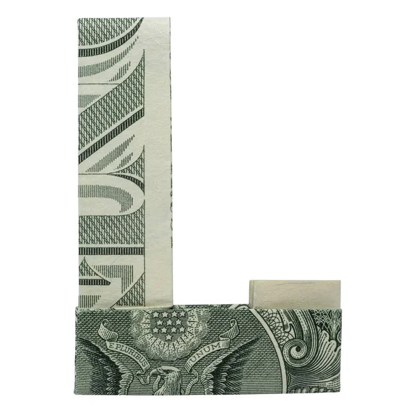 マネー折り紙レターL文字白の背景に隔離された本物の1ドル札で折り畳まれた — ストック写真