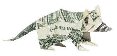 Para Origami Faresi Çin Zodiac 2020 Beyaz Arkaplanda izole edilmiş Gerçek Bir Dolar ile katlandı