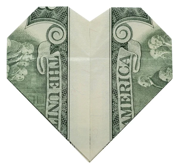 Money Origami Valentine Day Heart Back Side Folded Real Two — Stock Photo, Image