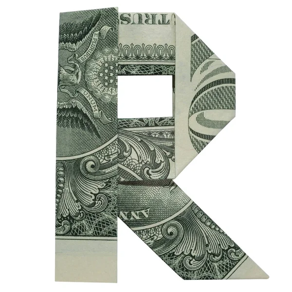 Money Origami LETTER R Character Folded with Real One Dollar Bill Isolated on White Background