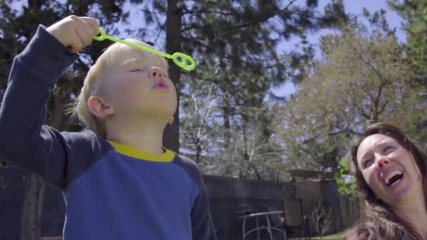 Carino bambino continua a cercare di soffiare bolla fino a quando non riesce — Video Stock