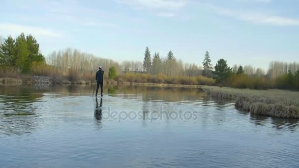 Man in wetsuit paddle glides on river — Stock Video