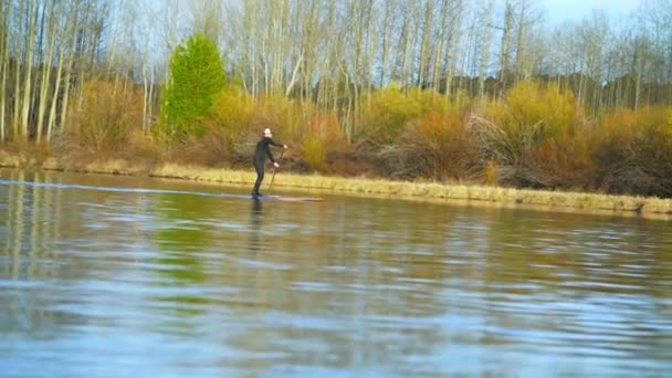 Hombre en traje de neopreno se desliza por el río — Vídeo de stock