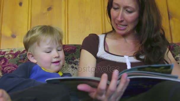 Mutter liest Sohn ein Buch vor — Stockvideo