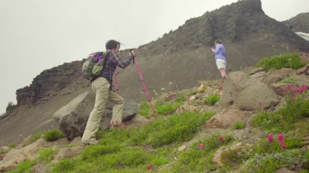 Senderistas trekking en las montañas — Vídeo de stock