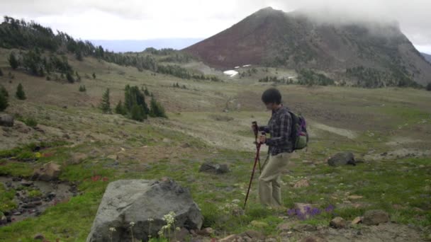 Senderista trekking en las montañas — Vídeos de Stock