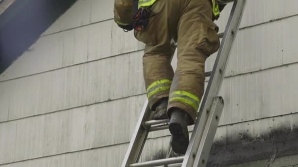 Bombero subiendo en escalera — Vídeos de Stock