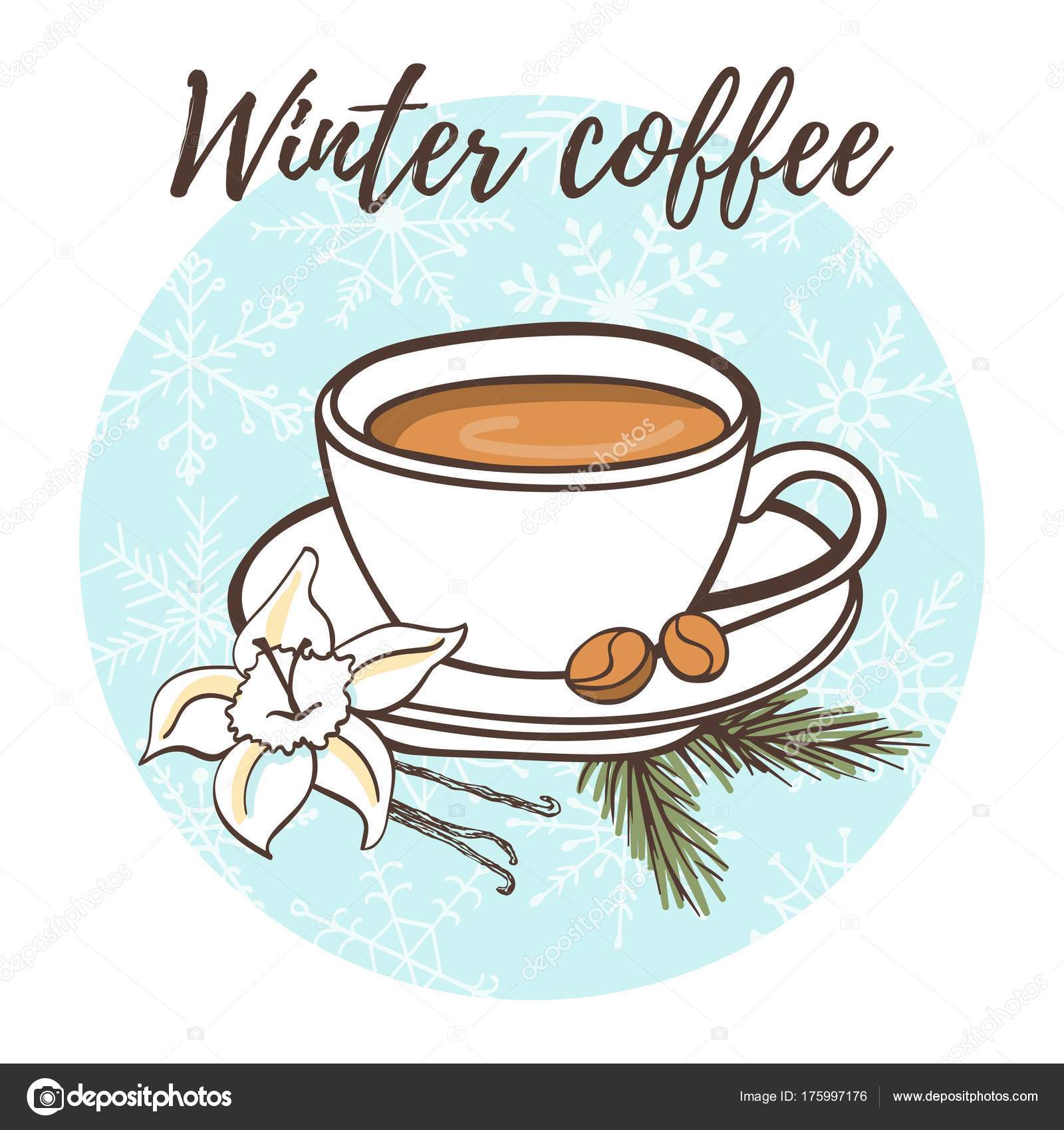 冬のコーヒー 温かいお飲み物 バニラの花 棒モミ枝とベクトル イラスト 雪と青い円のドリンクを手描き落書きカップ レシピ カード ポスターやメニューのデザイン ストックベクター C Aninata