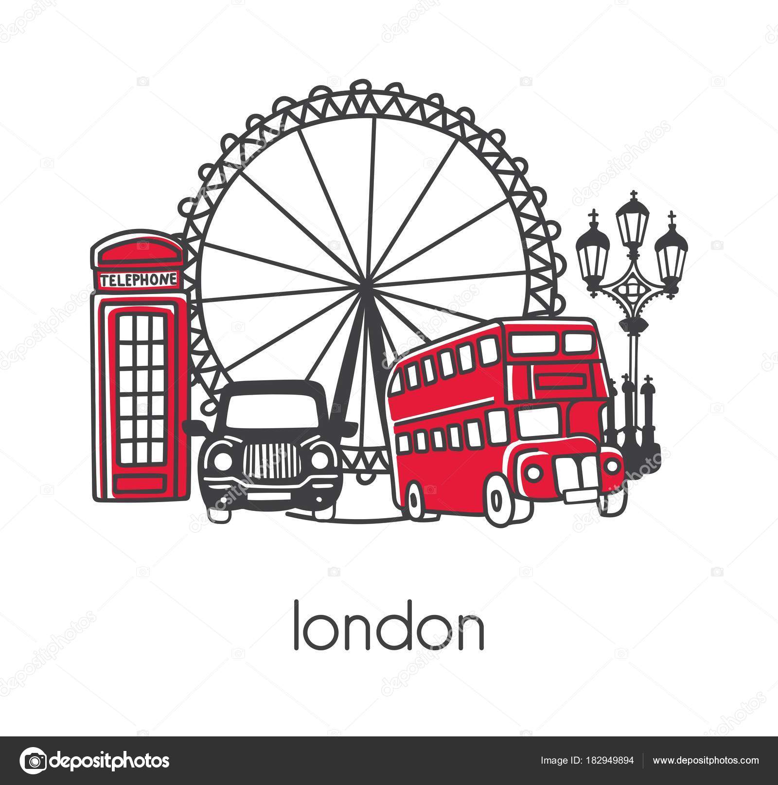 Illustration vectorielle moderne Londres avec dessinés   la main doodle symboles anglais double bus decker cabine téléphonique lampadaire cab