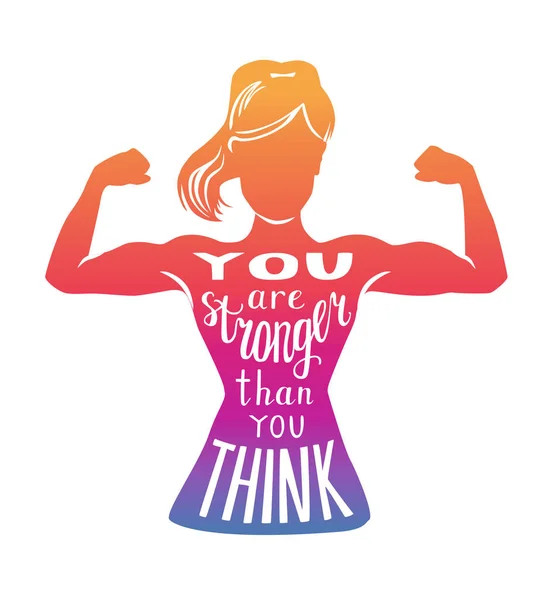You are stronger than you think. Motivational vector fitness illustration. Female silhouette doing bicep curl, hand written phrase and colourful gradient. Inspirational card, poster or print design.