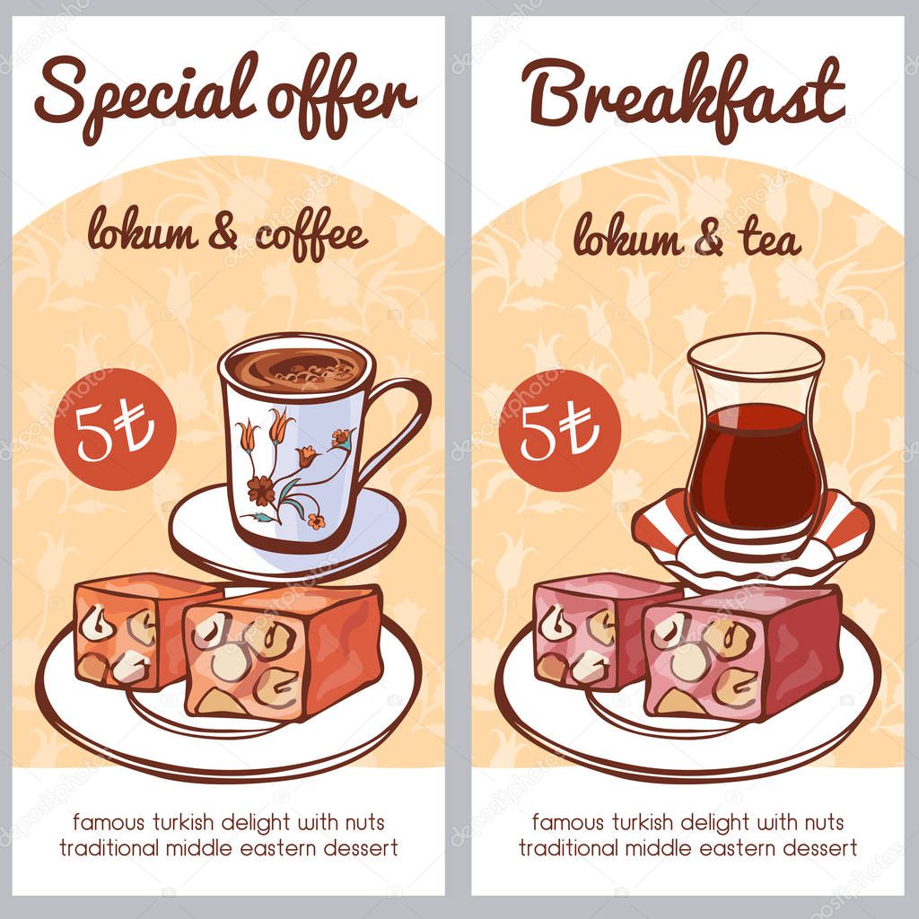 Vector Card Templates With Traditional Turkish Delight Lokum With Hot Beverages Coffee And Tea Special Offer And Breakfast Menu Design For Cafe Or Restaurant Promotion Flyers Posters Banners Premium Vector